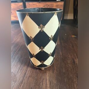 Vintage Metal Trash can Harlequin Style Fleur De Lis Tole-unbranded